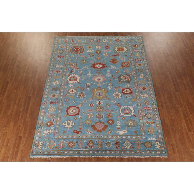 Blue Floral Oushak Area Rug Handmade Wool Carpet - 8'10"x 11'10"