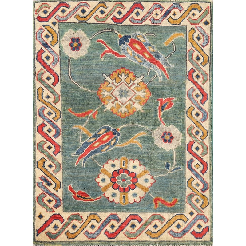 Green Kazak Foyer Rug Handmade Traditional Wool Carpet - 2'0"x 3'0"