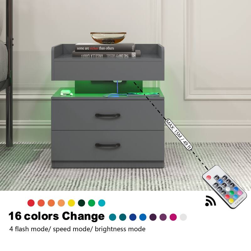 1 Set Nightstand with Adjustable LED Strip Light, 2-Drawers, Large Storage Space