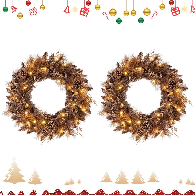 Gymax Set of 2 24'' Pre-lit Christmas Wreath Front Door Artificial - Brown