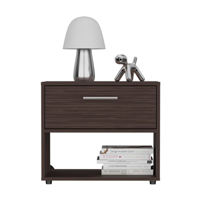 Dark Walnut Nightstand with Drawer and Open Shelf for Bedroom