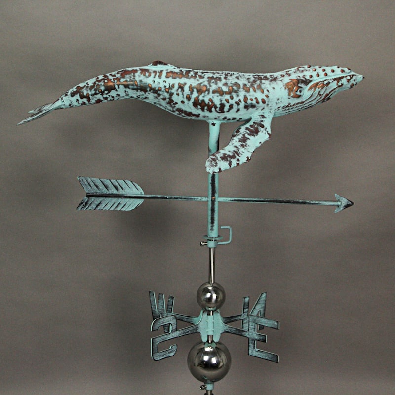Verdigris Copper Humpback Whale Weathervane Roof Mount Garden Art - 31.25 X 25 X 13 inches