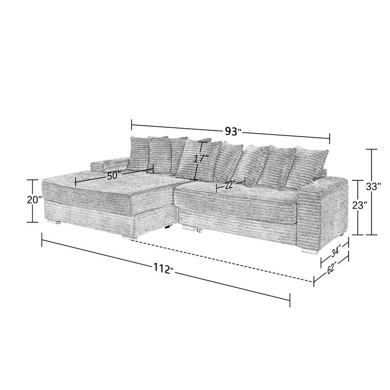 Oversized Two-Piece Couches, L Shaped Sofa, Corduroy, Right Chaise Daybed,with Armrests,Eight Throw Pillows,Corner Sofa
