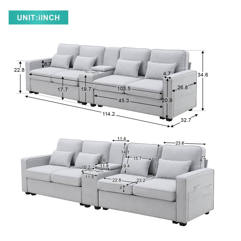 Modern Linen Fabric Sofa with 2 USB Ports Wired or Wirelessly Charged