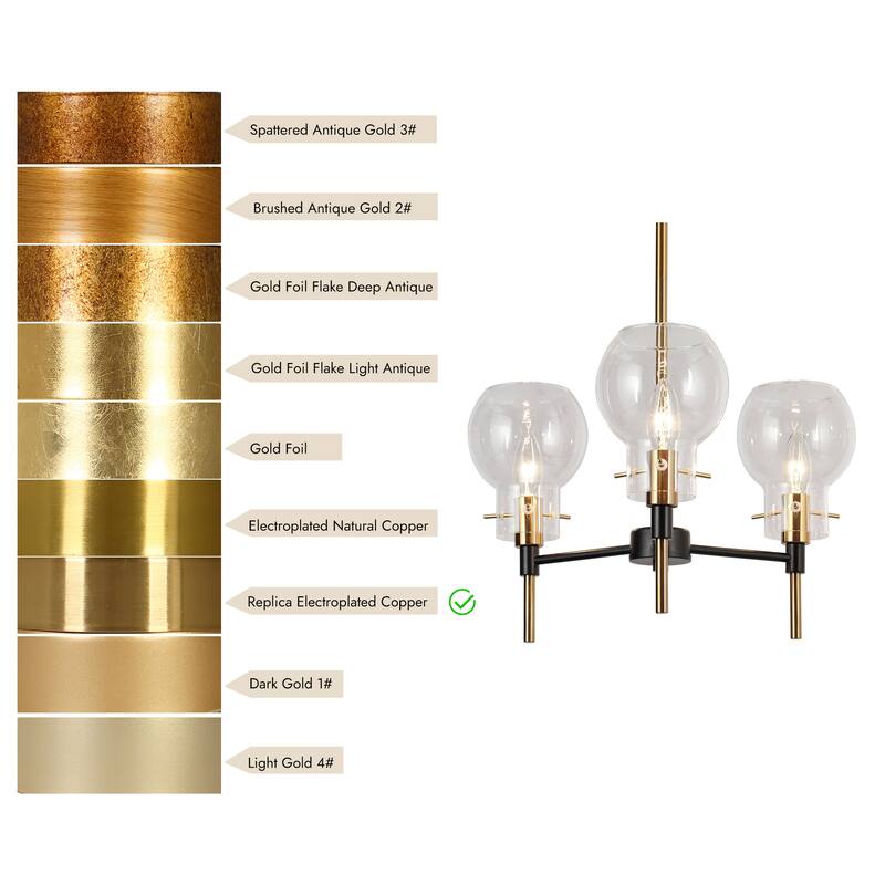 Isha Modern Minimalist 3-Light Black and Gold Chandelier Globe Glass Pendant Light for Dining Room