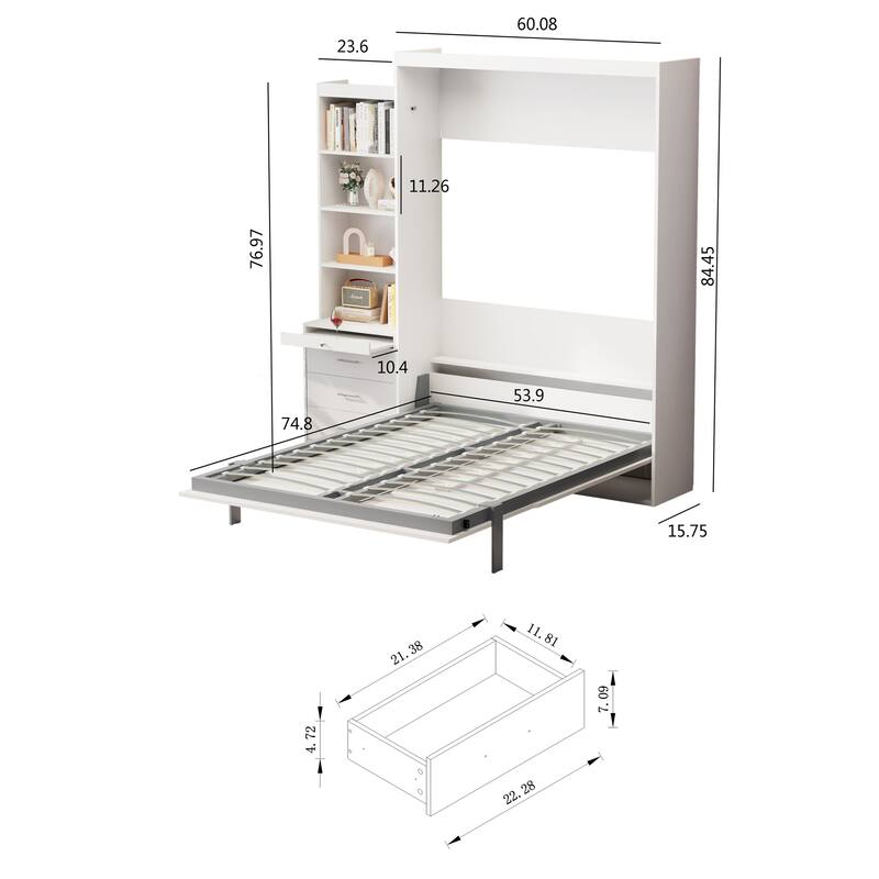 Modern Full Size Vertical Murphy Bed with Shelf and Drawers, White Space-Saving Wall Bed for Bedroom or Guestroom