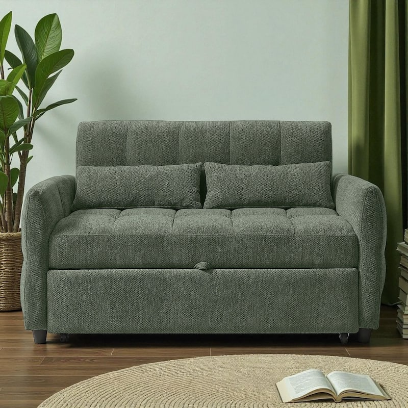 52.8" Loveseat Pull-Out Sleeper Sofa Bed with Adjustable Backrest, USB Ports and Pillows, Tufted Chenille Sofa - Green