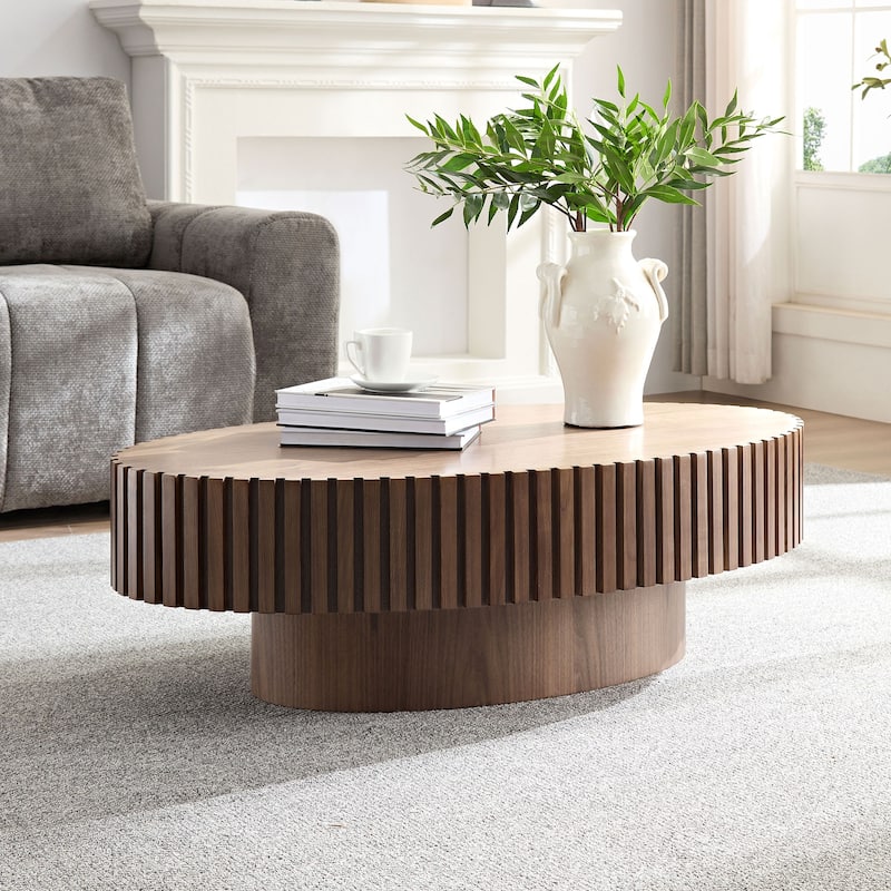 Oval Compact Low Coffee Table Handcraft Drum Small Center Table with Side Fluted Design and Wood Grain for Living Room Office