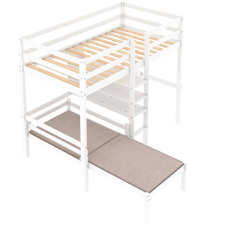 Twin Size Wood Bunk Bed with Builtin Desk, Open Storage Shelves and