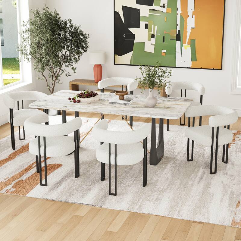 Set of 2 Upholstered Dining Chairs, Bouclé Fabric Accent Chairs with Metal Frame, with Cushioned Seat & Back