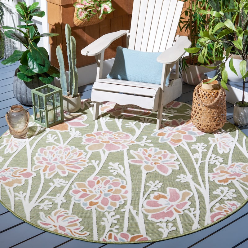 SAFAVIEH Cabana Carolane Indoor/ Outdoor Floral Rug - 6'5" Round - Green/Pink