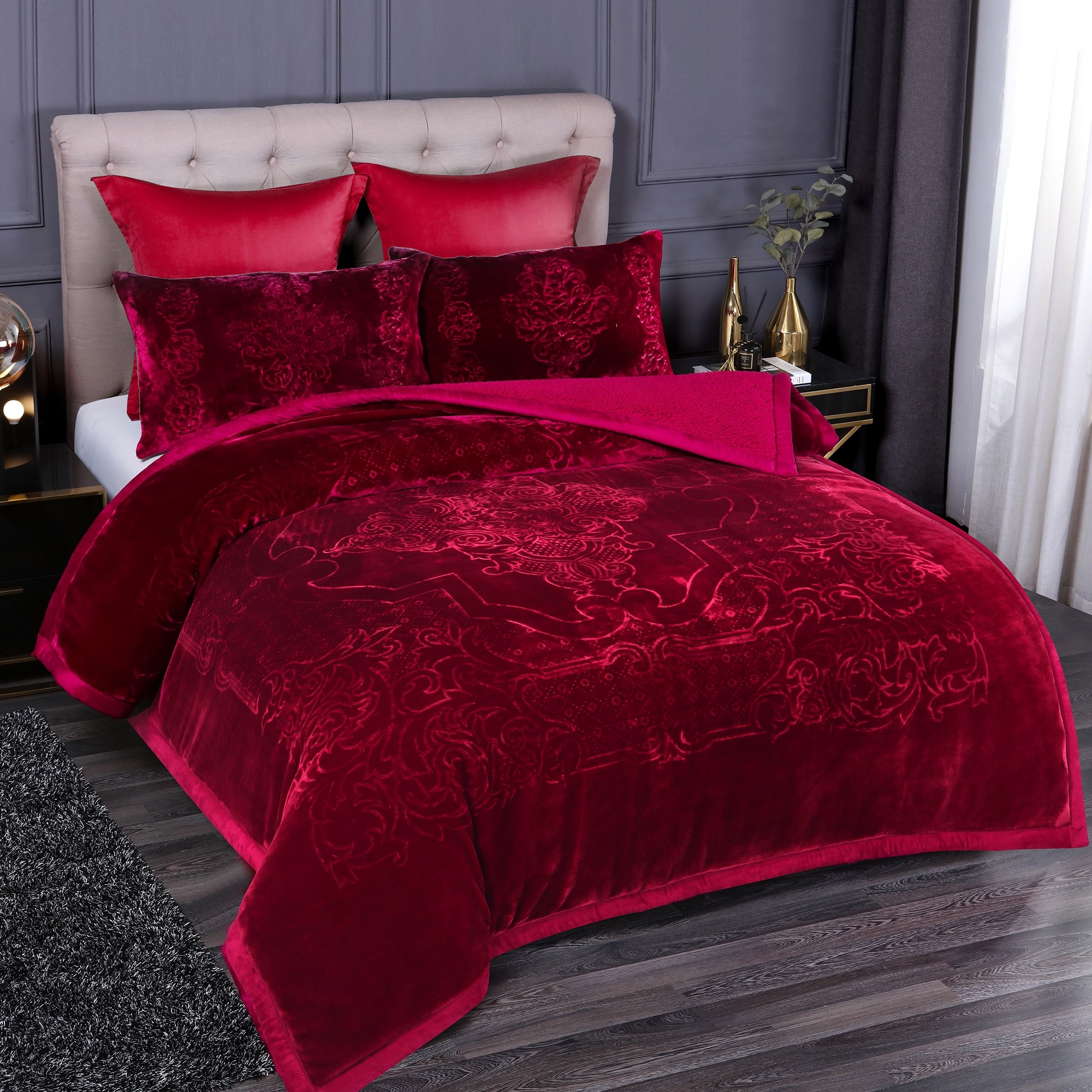 Lavish Home 3 Piece Burgundy King Sherpa Puffy Comforter Set for sale online