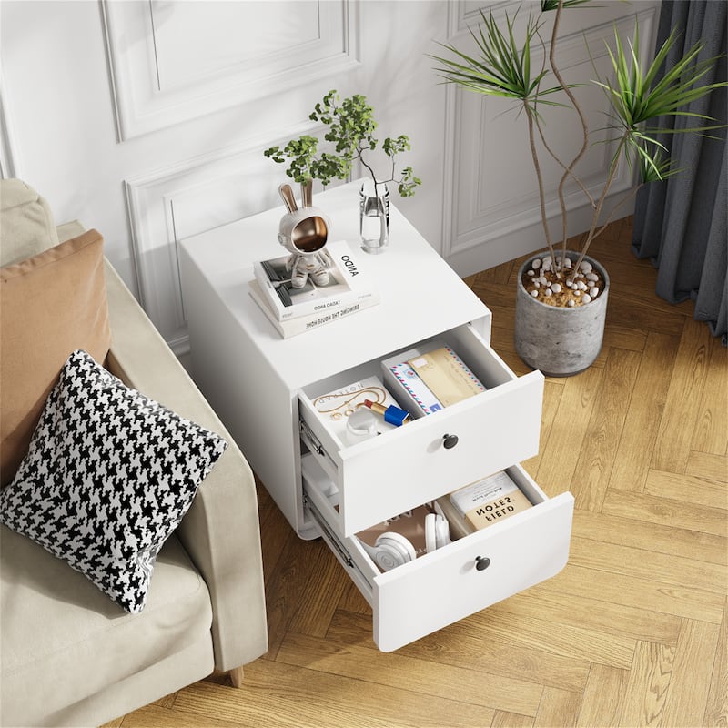 Modern Circular Handle Night Stand with 2 Drawers for Bedroom - White