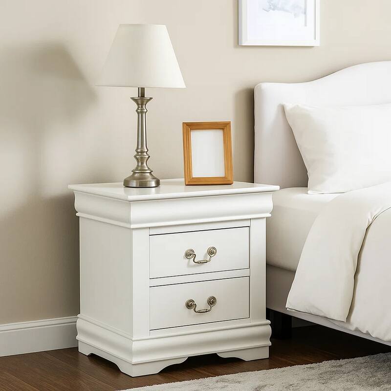 2 Drawer Wooden Nightstand with Metal Hanging Pulls and Bracket Feet, White