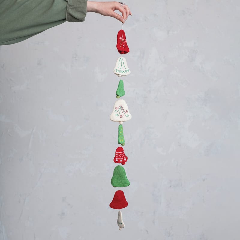 Handmade Wool Felt Bell Garland with Embroidery - Multi