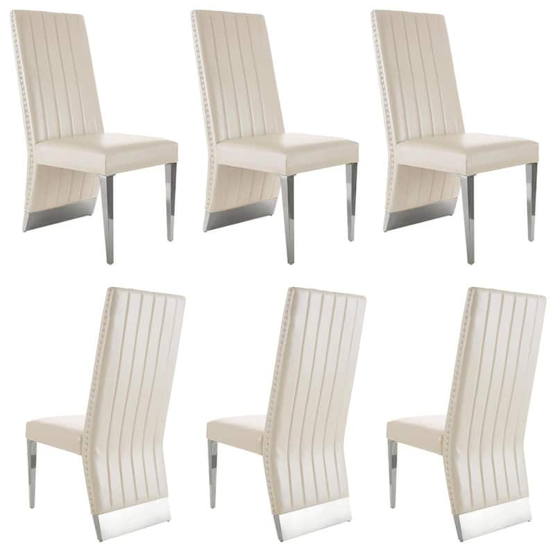 White PU Leather Dining Chairs with Nail Head Trims and Mirrored Silver Metal Legs - Set of 6