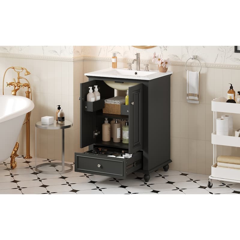 24"Bathroom Vanity with Ceramic Sink, Storage Cabinet with Soft Closing Doors, Bathroom Cabinet with Drawer and Drawer Dividers