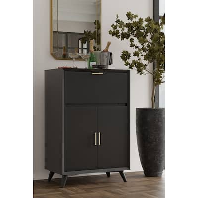 Alpine Furniture Flynn Large Bar Cabinet With Drop Down Tray, Black