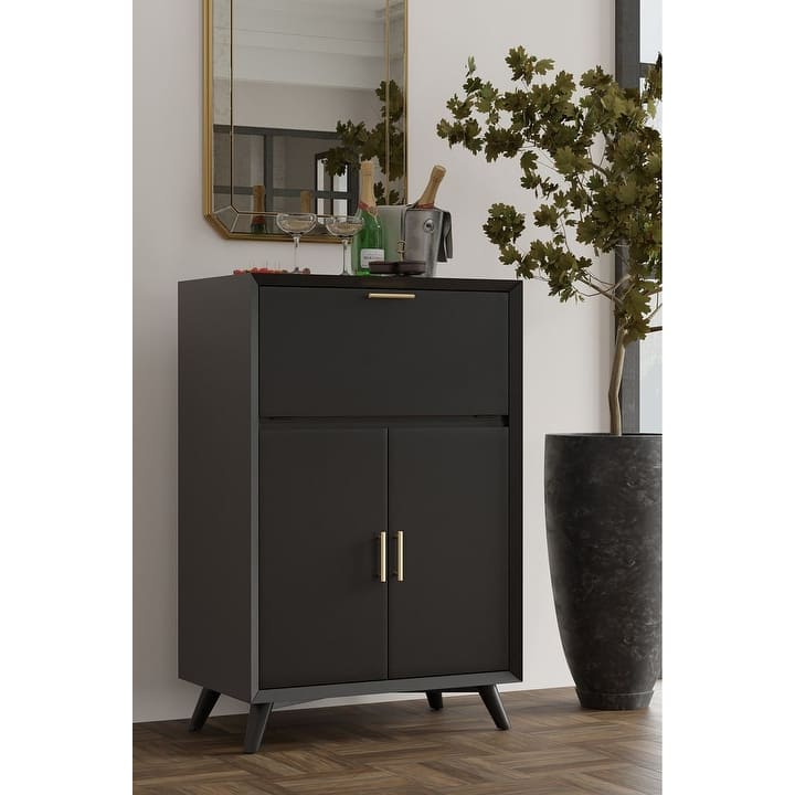 Alpine Furniture Flynn Large Bar Cabinet With Drop Down Tray, Black