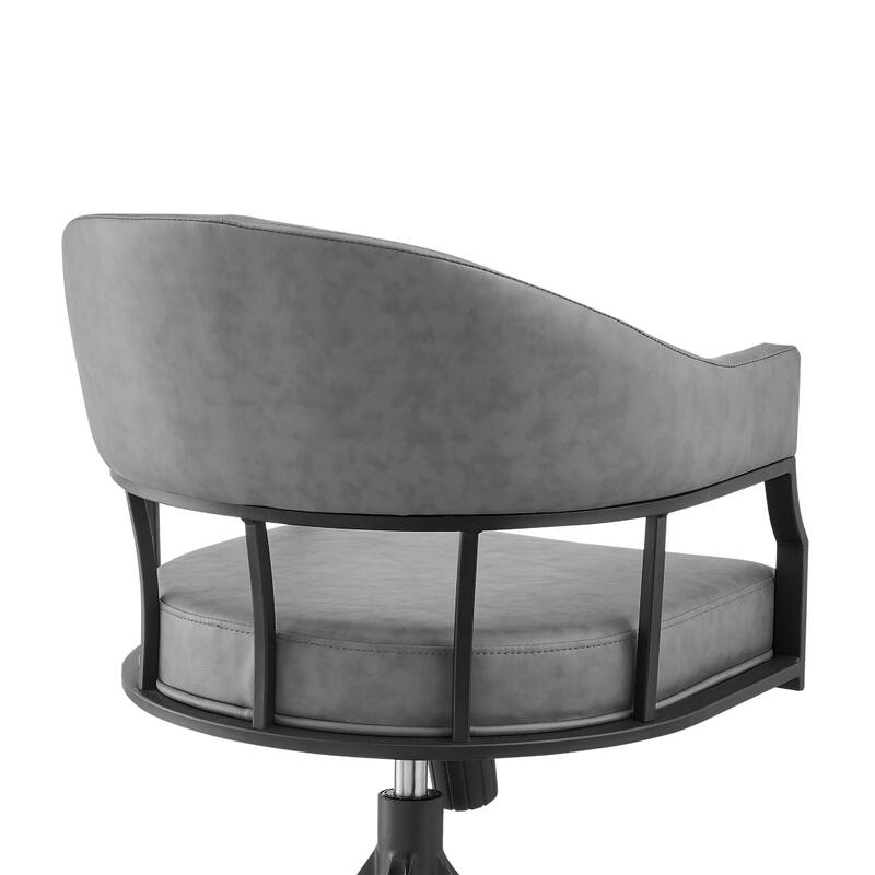 Tibby Swivel Dining Chair, Tilt Rolling, Black Iron, Gray Faux Leather