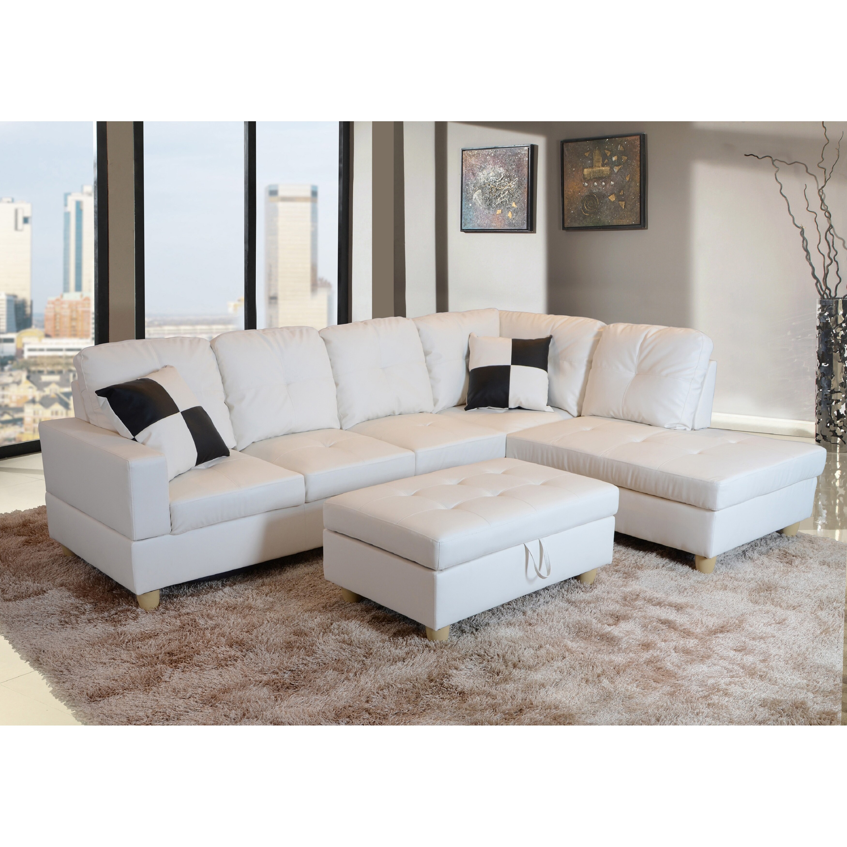 Cream faux top leather sectional