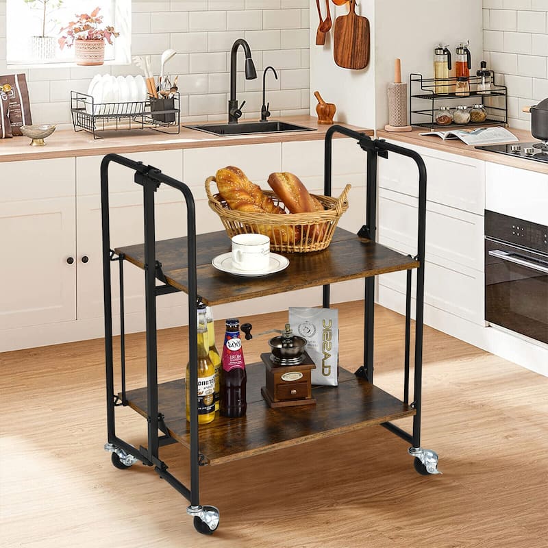 Gymax 2-Tier Folding Bar Cart Kitchen Serving Island Utility Cart