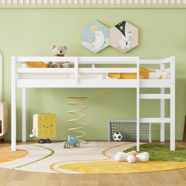 slide 2 of 12, Solid Wooden, Rubber Wooden Twin Loft Bed with Ladder, Bed Platform of Strengthened Slats White