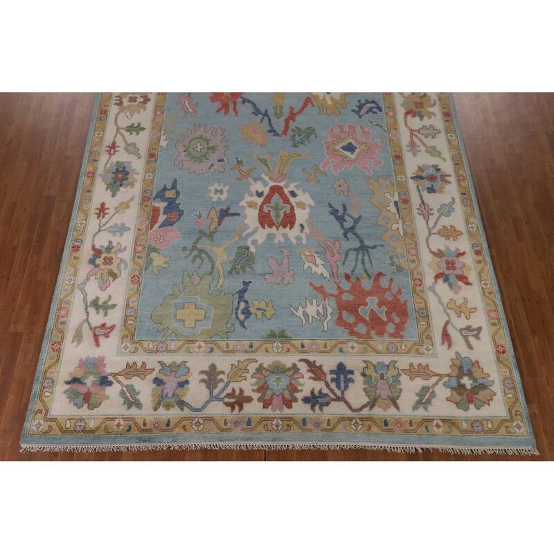 Light Blue Floral Oushak Oriental Area Rug Handmade Wool Carpet - 9'0"x 11'9"