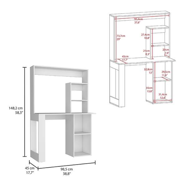 dimension image slide 1 of 2, 58.3" High Desk with Hutch and Shelves, Rectangular Home Office Workstation