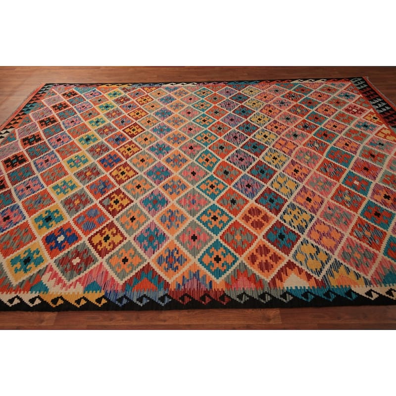 Flat Weave Trellis Kilim Oriental Area Rug Flatweave Wool Carpet - 7'10" x 11'5"