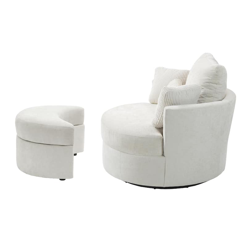 Upholstered Swivel Accent Chair with Wooden Tray Storage Ottoman