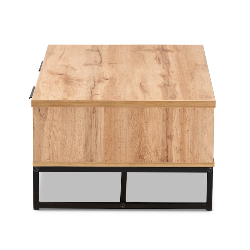 Franklin Oak Brown Wood and Black Metal 2-Drawer Coffee Table