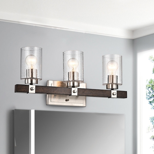 3 Light Brushed Nickel and Wood Vanity with Seedy Glass Sconces Farmhouse Wall Light Fixtures by Edvivi Lighting