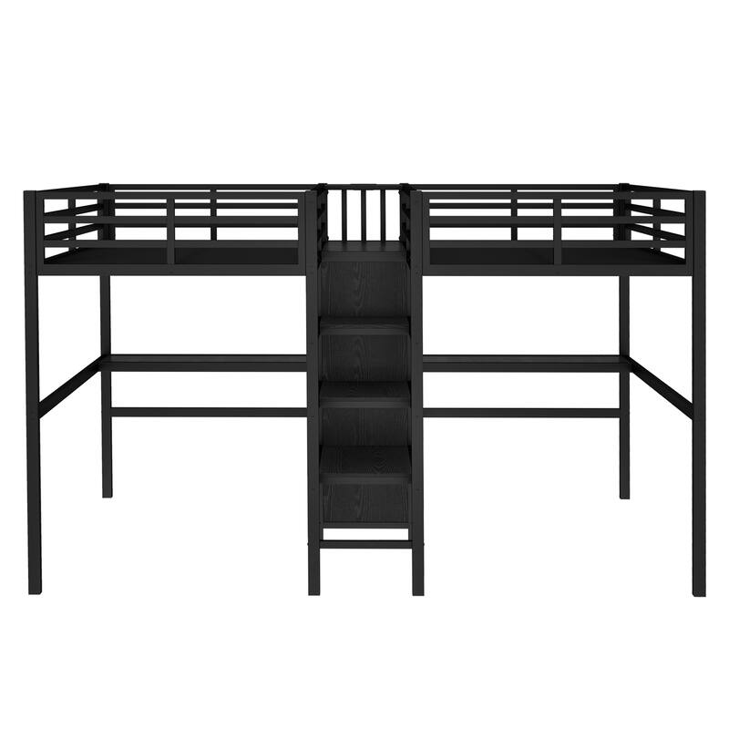 Roomfitters Twin Corner Loft Beds with Double Desk and Wardrobe, Metal Frame with Power Outlets