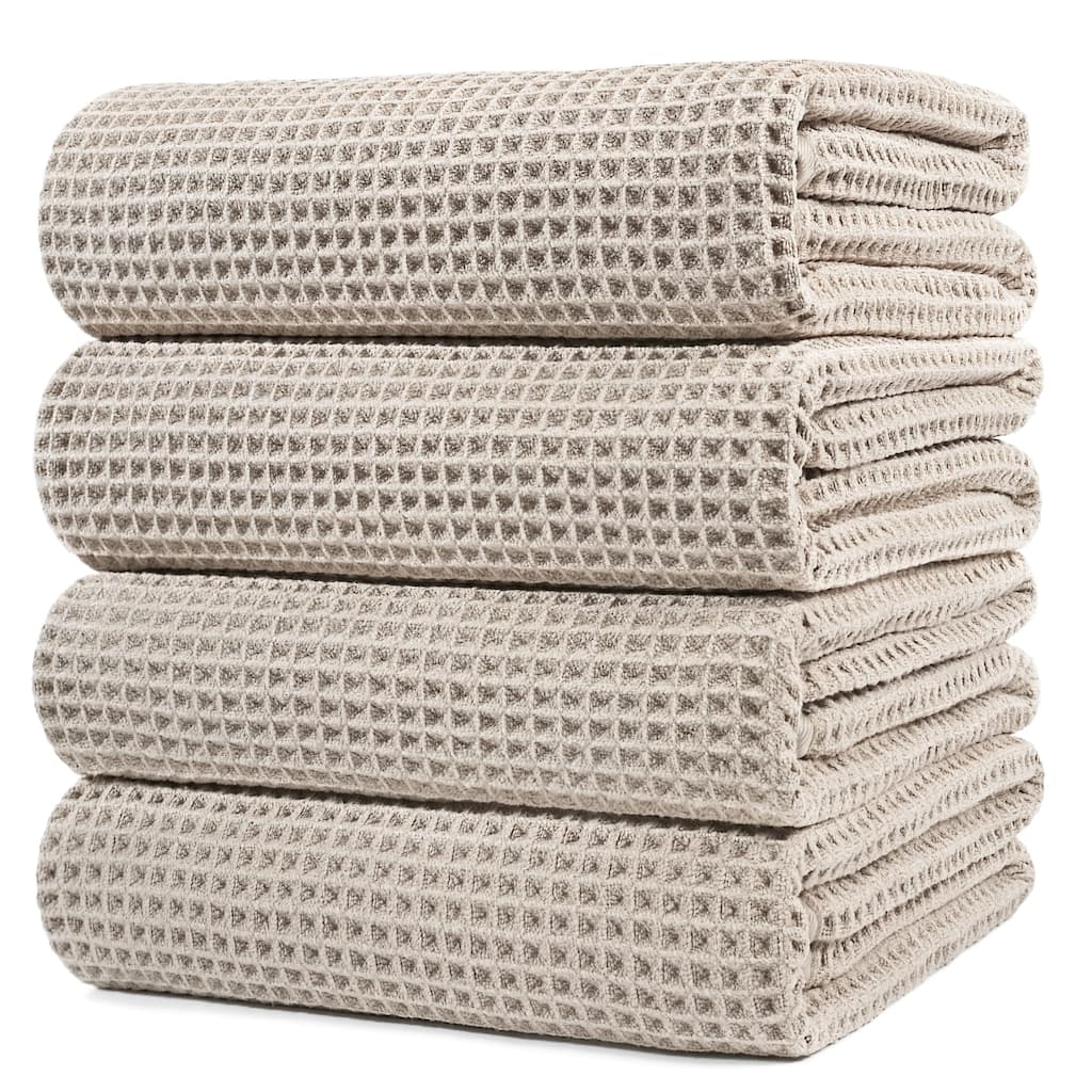 Microfiber Oversize Quick Dry Lint Free Bath Towel, 60 x 30 in, 4 Pack (Beige, Waffle Weave)