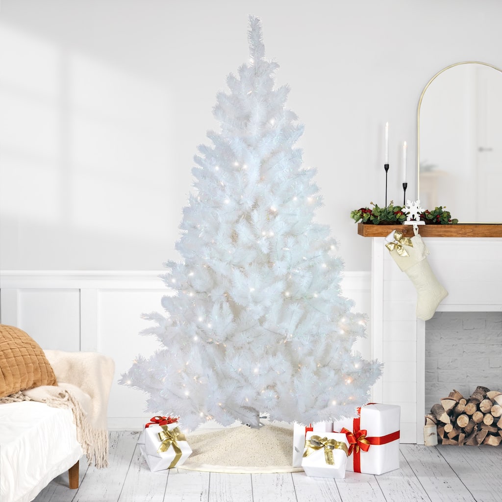 7.5' White Alaskan Pine Artificial Christmas Tree, Warm White LED - 7.5 Foot