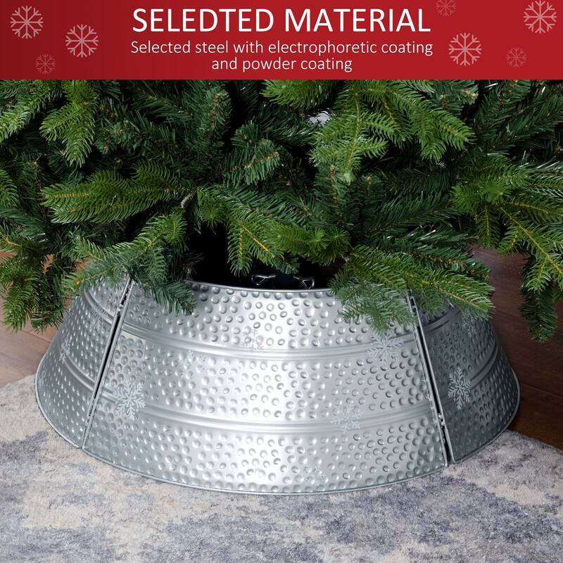 Bright Silver Christmas Tree Collar with Snowflake Engraving and Sturdy Metal Base Cover - 26" x 9" H