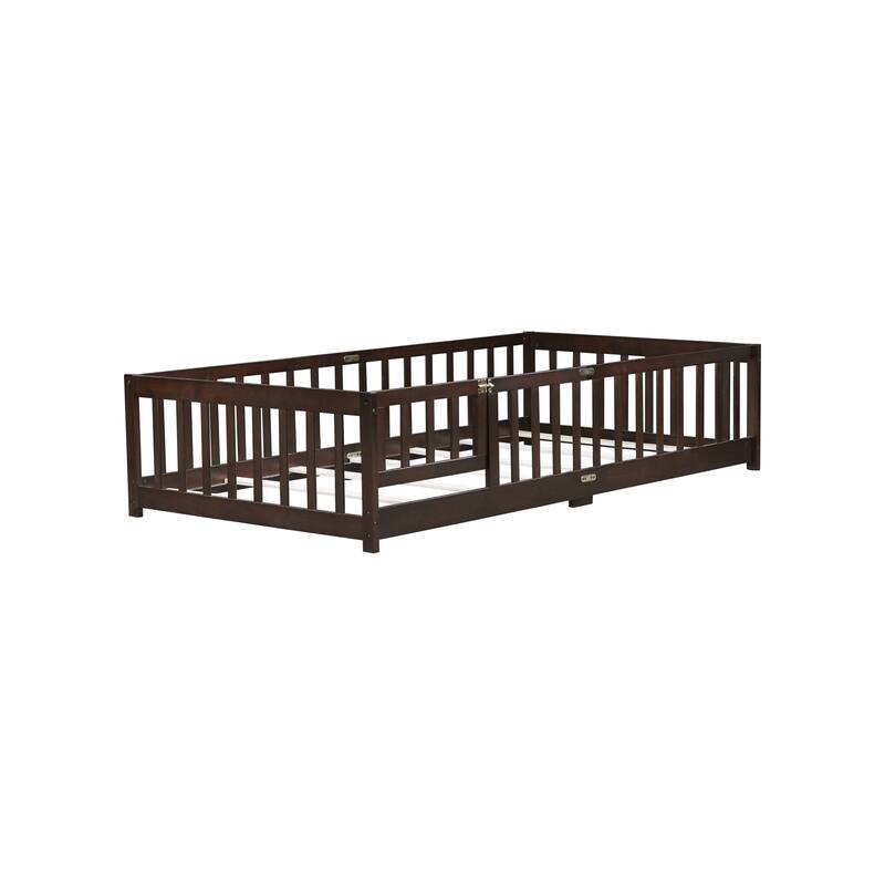 Roomfitters Twin/Full/Queen Rubber Wood Floor Bed with Fence and Swing Door, Safety Guardrails, Low Profile Design