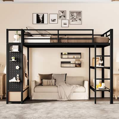 Modern Full Metal Loft Bed with Integrated Closet, Open Shelves, Pegboard and Storage Drawers, Safety Guardrails & Sturdy Ladder