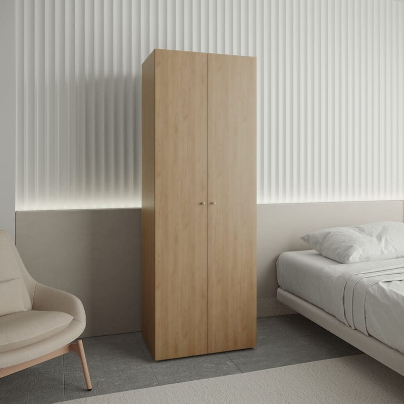 Home 2 Door Closet System, Four Fixed Shelves, Compact Wardrobe for Bedroom Organization, Freestanding Storage Furniture - Natural Oak