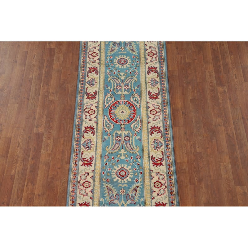Blue Geometric Kazak Oriental Runner Rug Handmade Wool Carpet - 2'9" x 9'8"