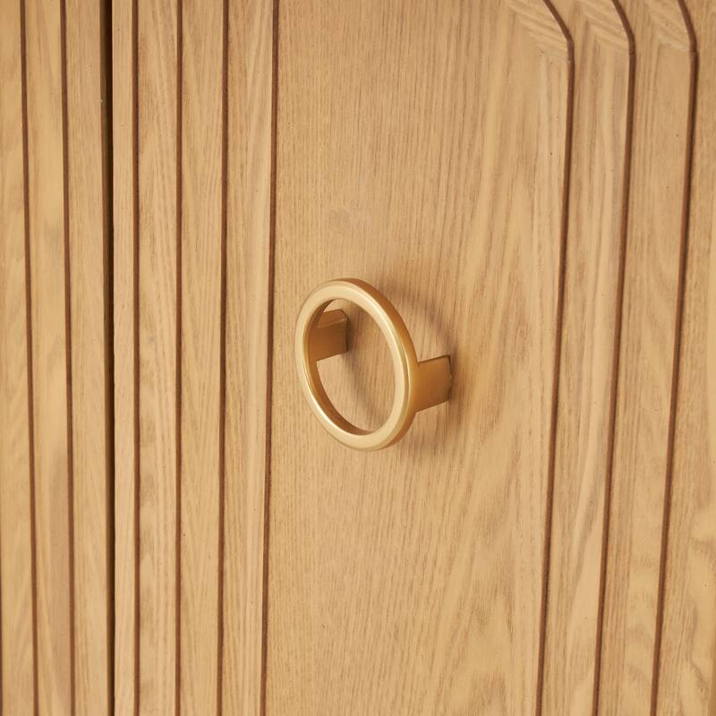 Brown Wooden Art Deco Inspired Carved Arch 2 Door Geometric Cabinet with Gold Ring Handles