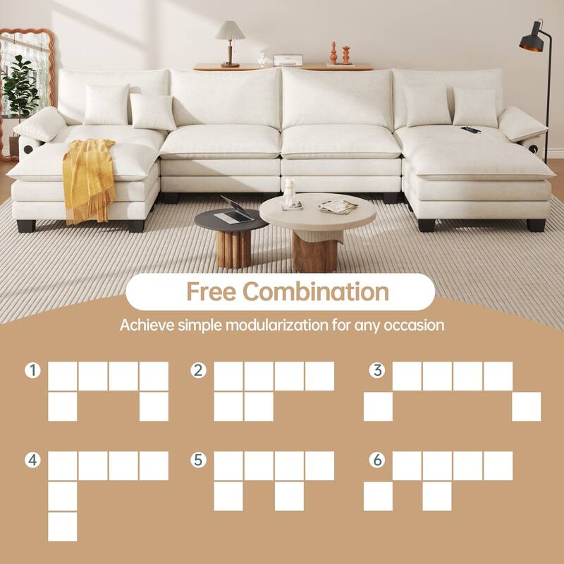 144" Modular Compression Sofa Set Convertible Sectional Sleeper Couch with 2 Ottomans