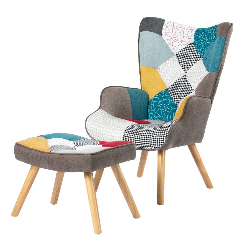 Accent Chair with Ottoman, Comfy Side Armchair for Bedroom, Creative Splicing Cloth Surface - Brown