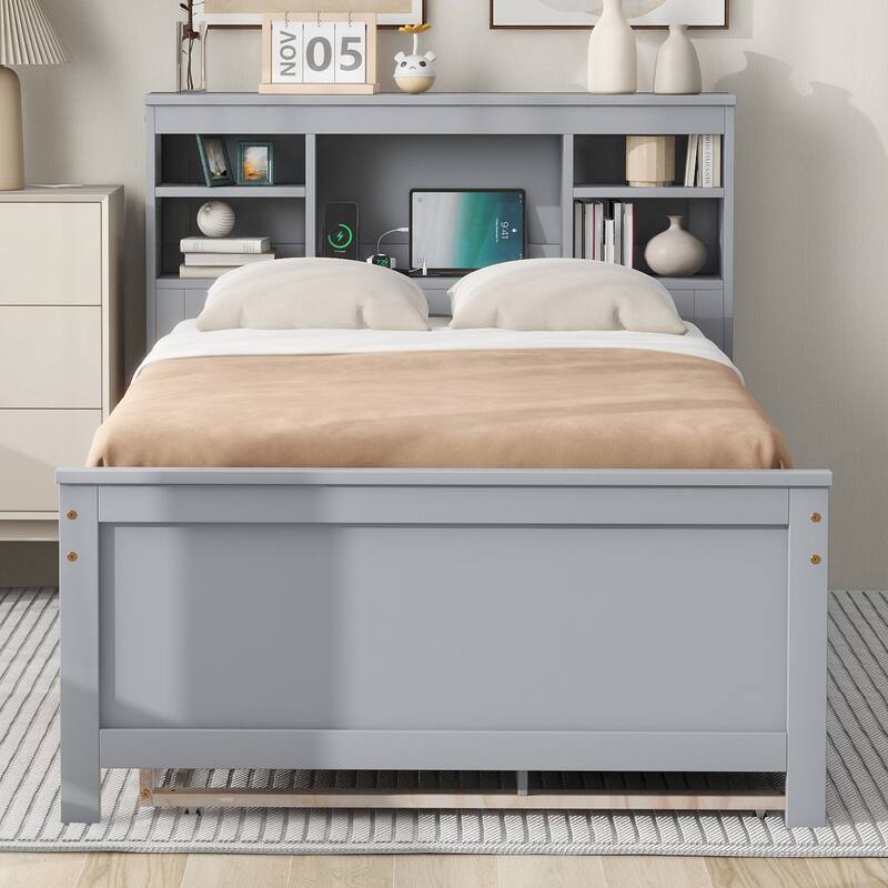 Twin Size Storage Platform Bed with USB Trundle and Drawers - Grey