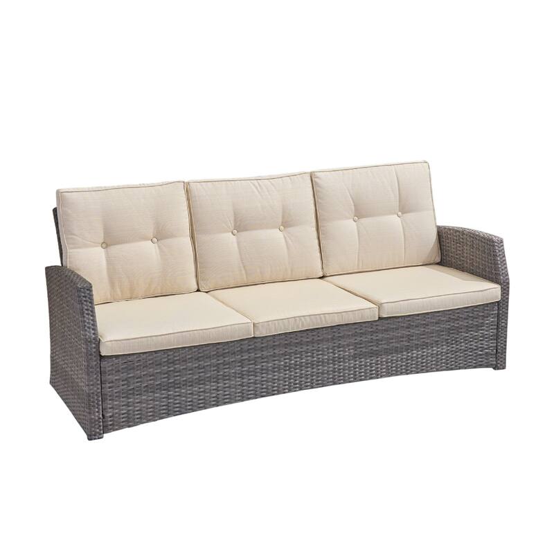 Foi 3 Seater Outdoor Sofa, Beige Cushions, 75 Inch Gray Woven Frame