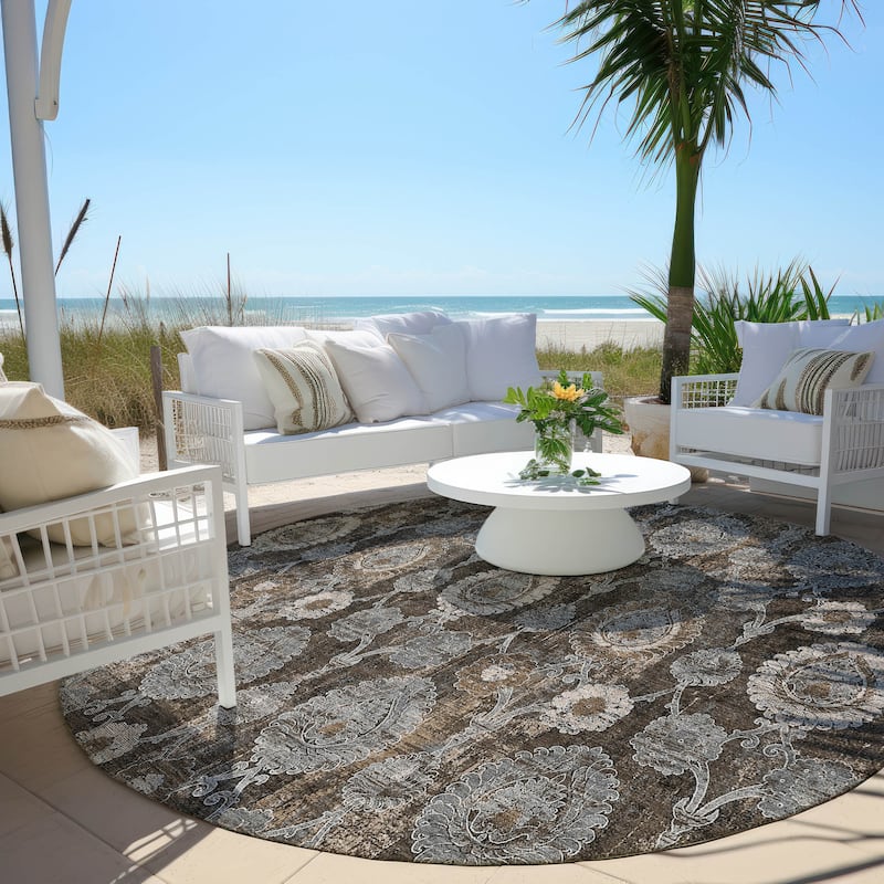 Machine Washable Indoor/ Outdoor Chantille Traditional Floral Rug - Chocolate - 8' x 8'