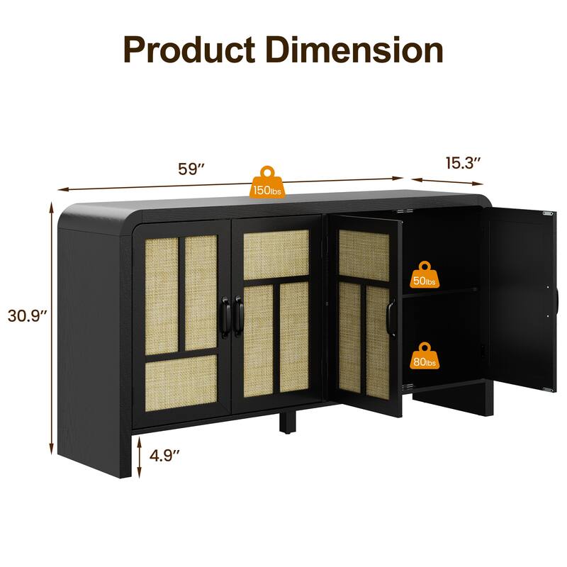 Rattan Sideboard Buffet Cabinet with 4 Doors