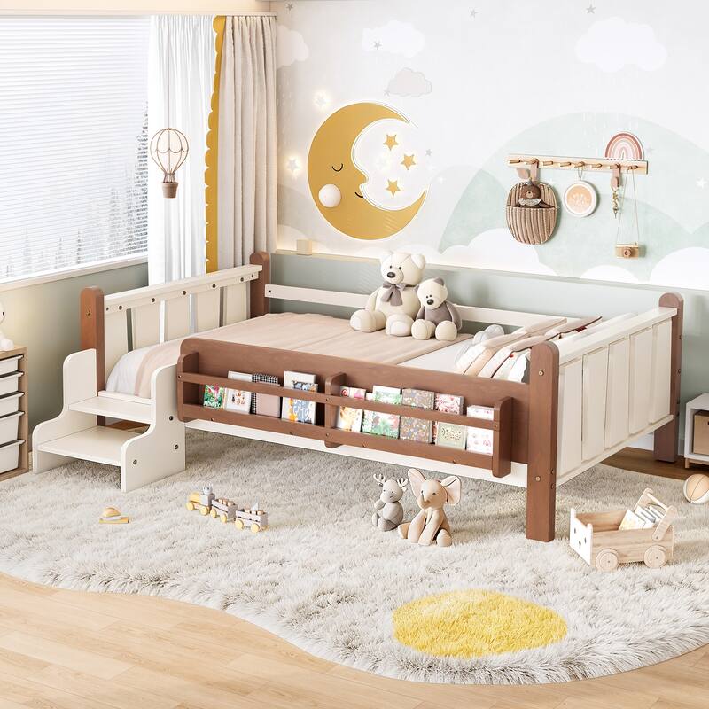 Full/Twin Floor Bed with Storage Bookcases & Cute Stairs - Solid Wood Kids Bed, No Box Spring