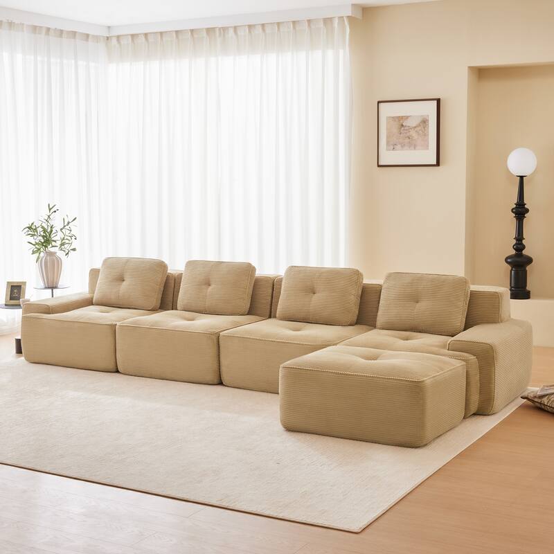 Roomfitters No Assembly Modular Sofa, 117 Inch Corduroy 3-Seater with Piping, Camel - Camel 153" L-Shape